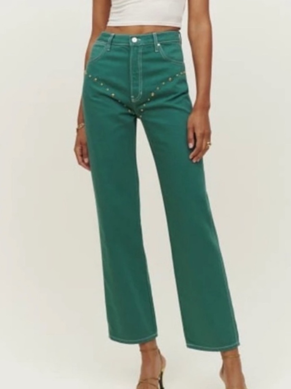 REFORMATION Cowboy Studded High Rise Straight Jeans in green sz 26
